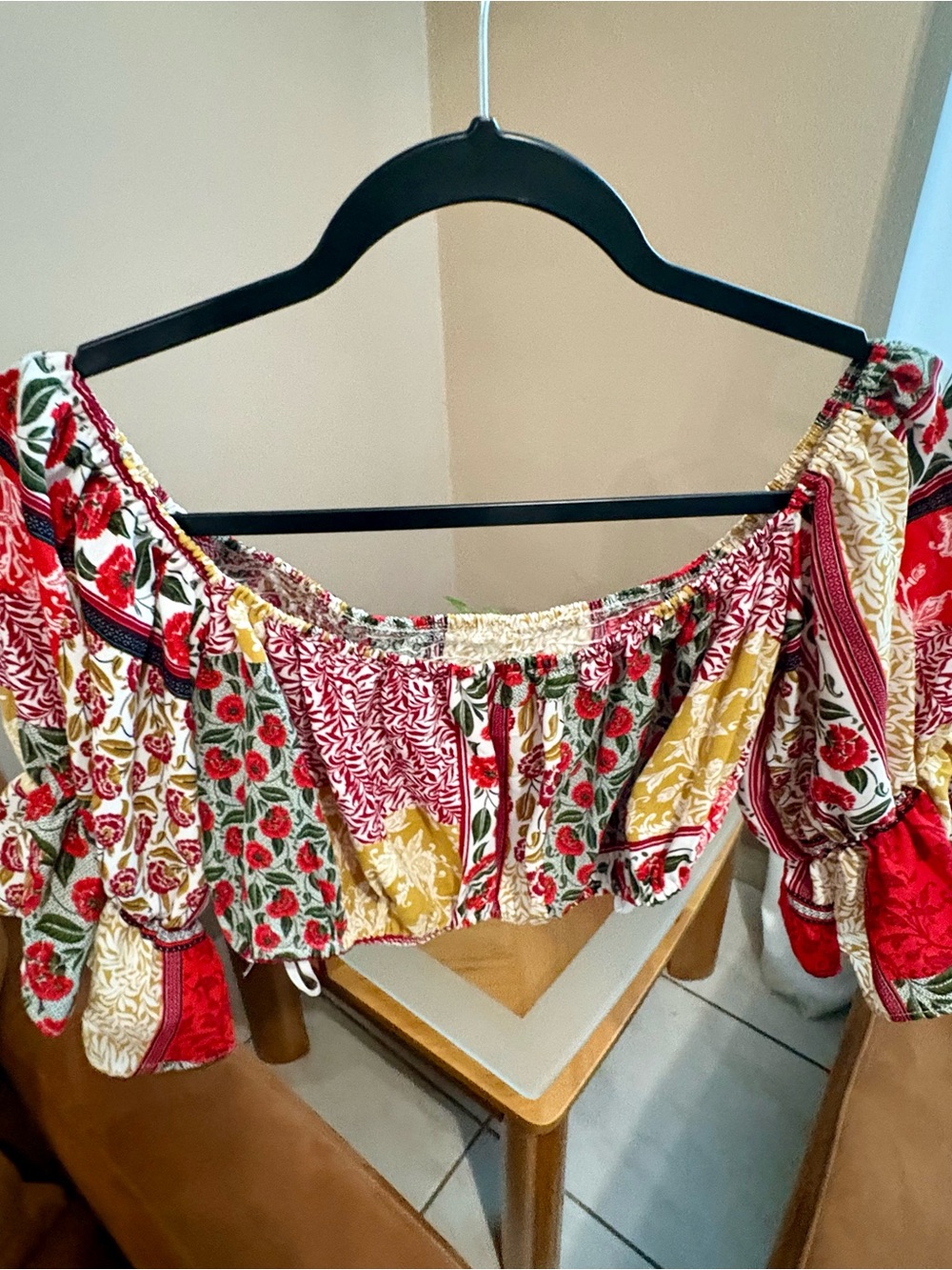Red Floral Patchwork Off-Shoulder Women’s Top